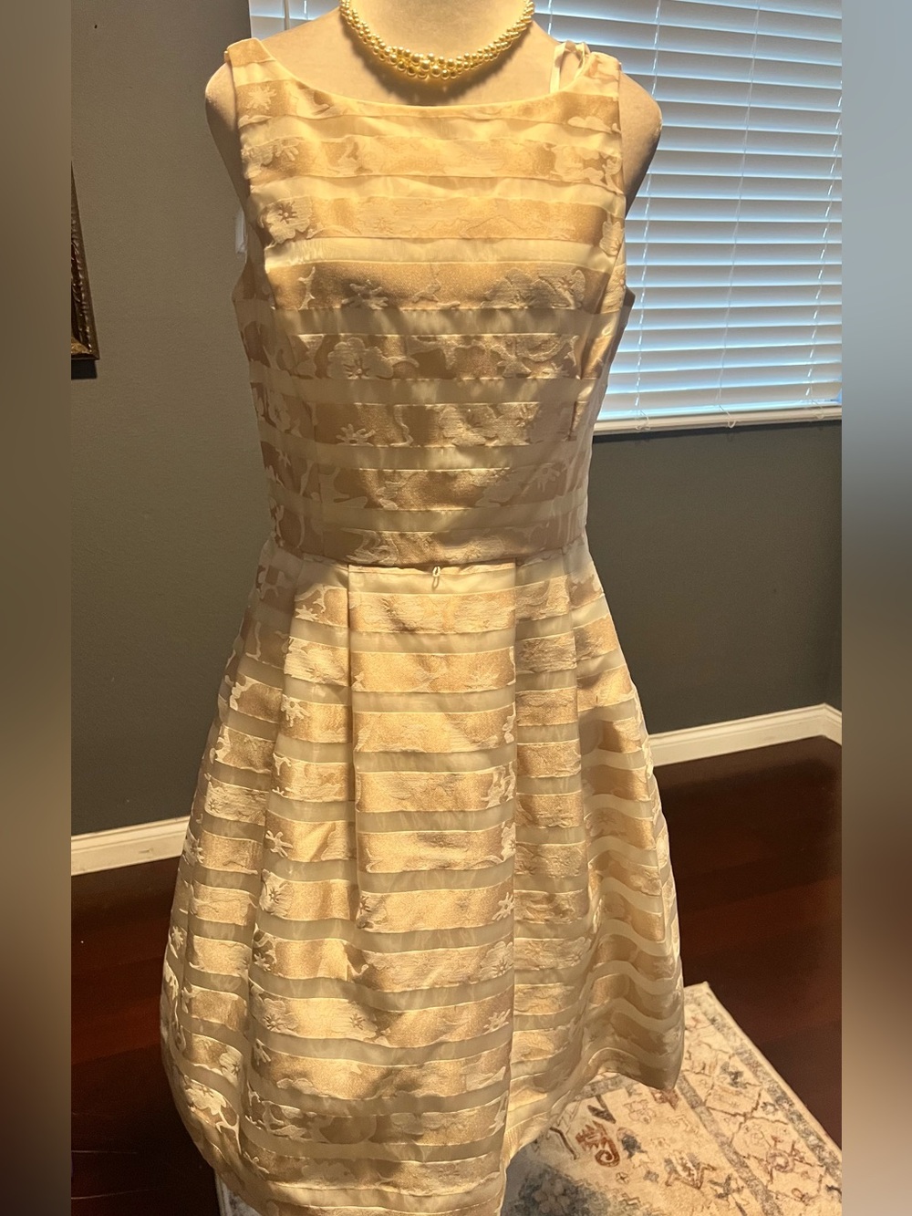 Like new Eliza J Elegant Cream Striped Jacquard Fit & Flare Dress with Tulle. 8